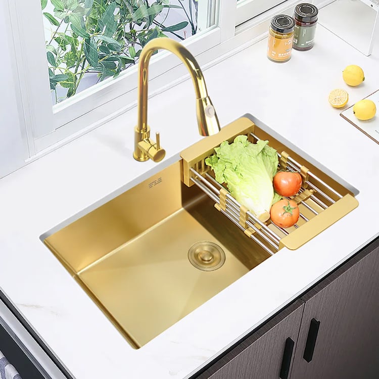 Kitchen Sinks Single Bowl Bar Prep Sink Stainless Steel With Hot And Cold Faucet &Drain Multifunction RV Sink Drop-in Or Undermount (Color : Gold, Size : 33.5x27x12cm