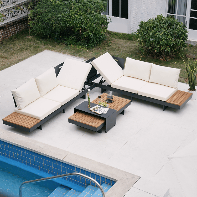 Ensemble De Jardin Modulaire 9 Pièces Avec Foyer à Gaz - Canapé En U 8 Places - Aluminium Blanc - Housse Incluse