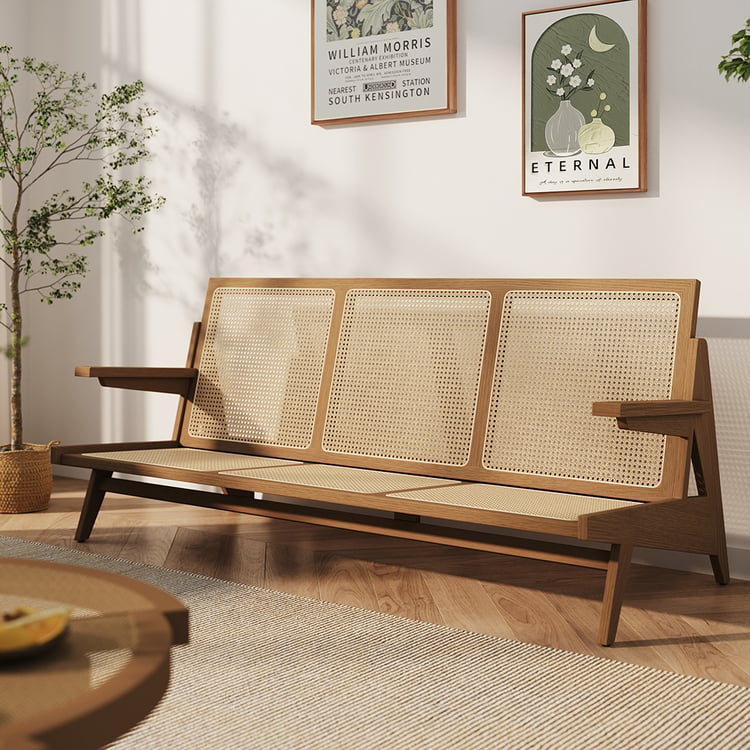 1790mm Rattan 3-Seater Sofa Japandi Ash Wood Frame in Walnut with