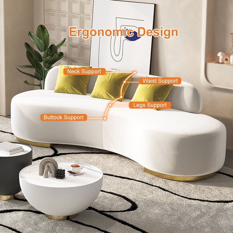 White Velvet Upholstered Curved Sofa Living Room Set of 3