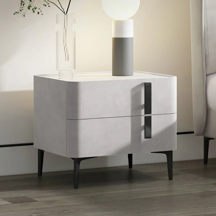 Modern White Bedside Table with Drawers & Sintered Stone Top Freestanding Nightstand