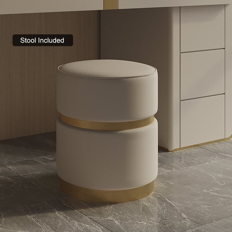 Set Toeletta CARME Sorrento 4 Pezzi - Tavolo Grigio Con Cassetti, Sgabello, Specchio Con Luci A LED Touch E Comodino, Maniglie Oro Rosa