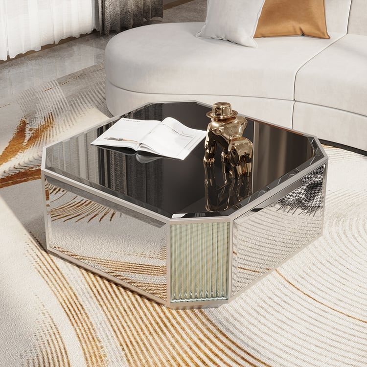 Moderner quadratischer Couchtisch, silberner verspiegelter Wohnzimmertisch mit Glas-MDF-Standfuß｜Homary DE