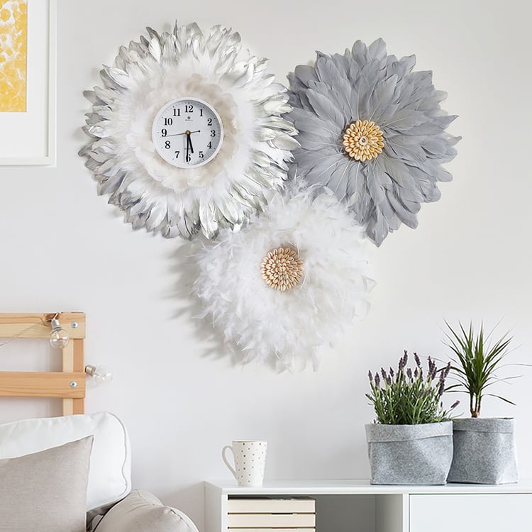 3-teiliges Boho-Makramee-Federn-Wanduhr, rundes Wandset mit Blumen, Weiß/Grau｜Homary DE