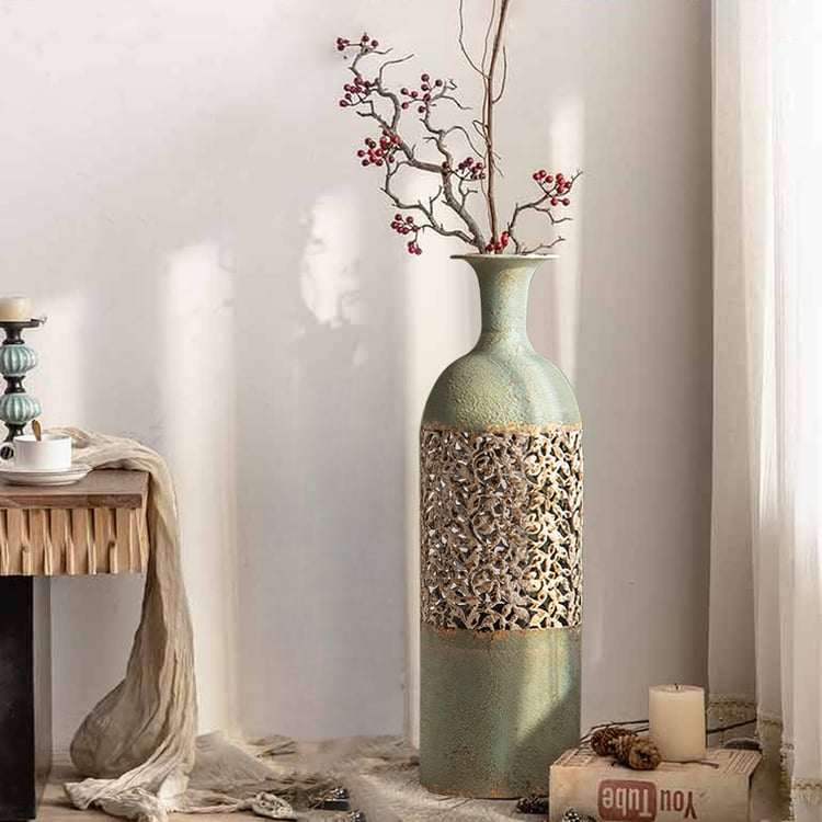 Große Bodenvase aus Metall im französischen Landhausstil, 670 mm, hohe geometrische Dekoration, Grün/Weiß｜Homary DE