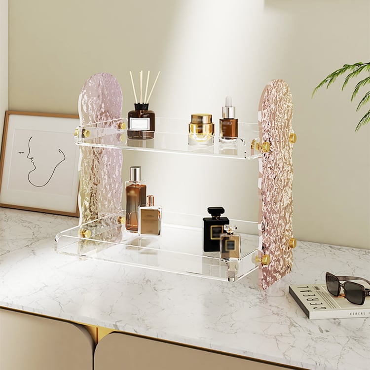 Badezimmer Aufbewahrungsregal 2-stufig – Gold-Weiß, Aus Eisen, Mit Klebeband, Für Make-up & Kosmetik
