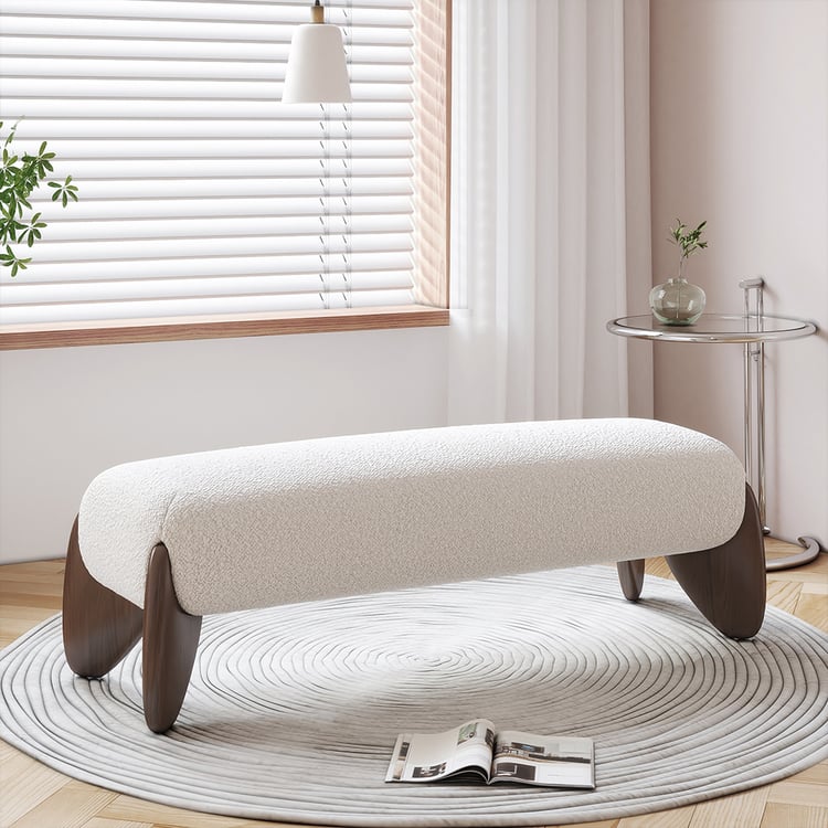 White Boucle Upholstered Bedroom Bench with Wood Legs | Homary