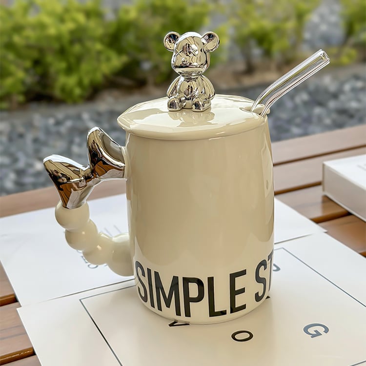 White Ceramic Cute Bear Coffee Mug Tea Cup with Lid & Glass StrawHomary