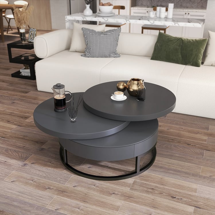 Couchtisch rund aus Holz in Dunkelgrau mit Schublade, ausziehbar und drehbar, 80 cm moderner Wohnzimmertisch｜Homary DE