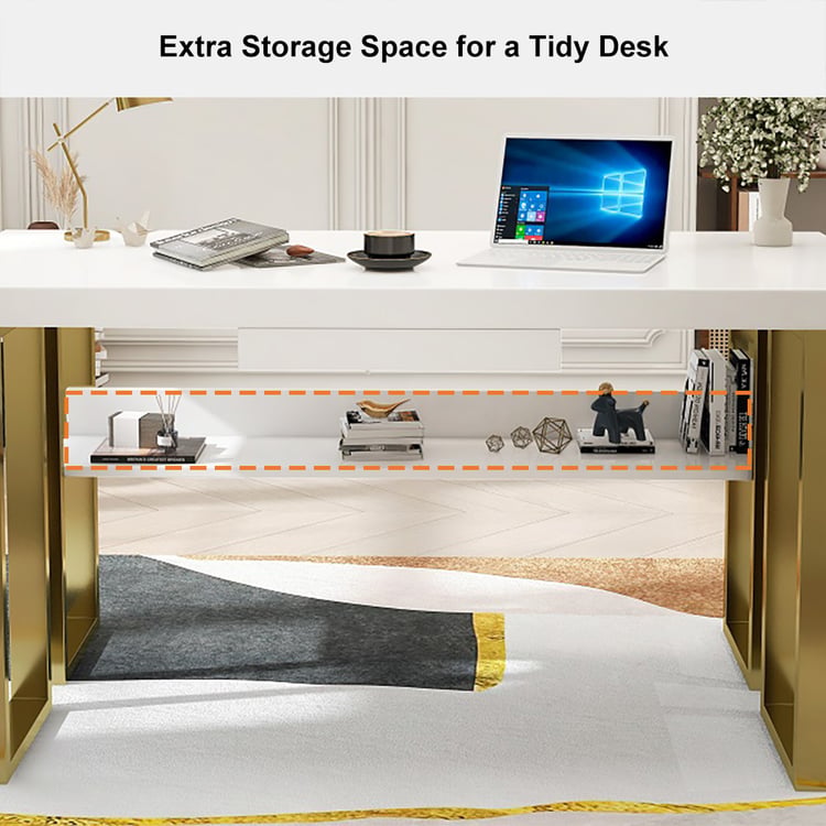 1200mm Modern White & Gold Rectangular Computer Desk with Drawer