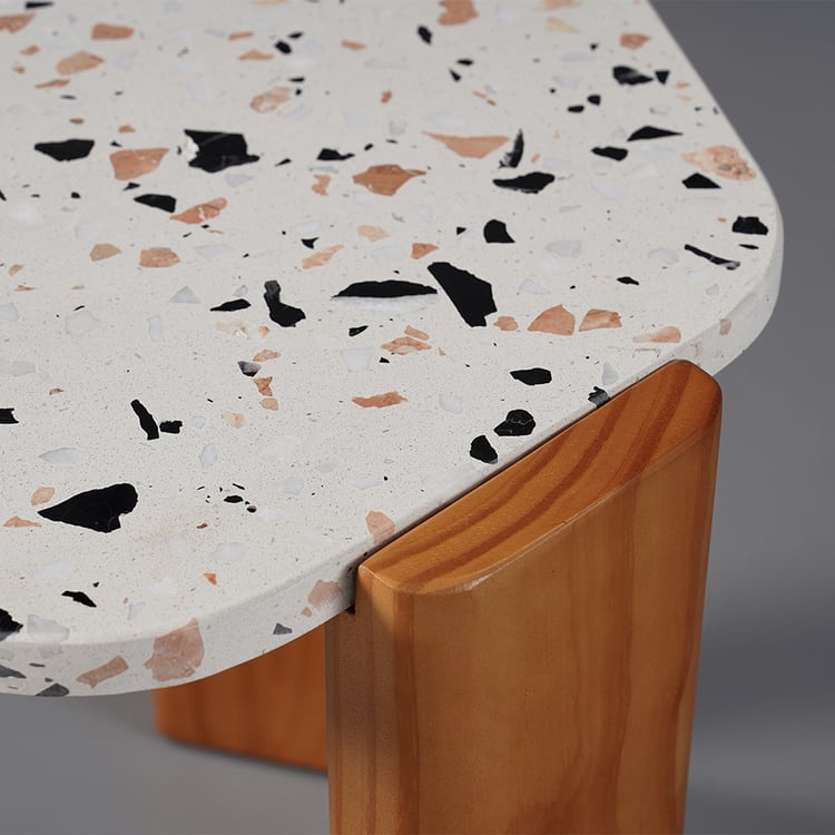 White Hexagon Terrazzo Side Table with 3 Legs End Table Pine