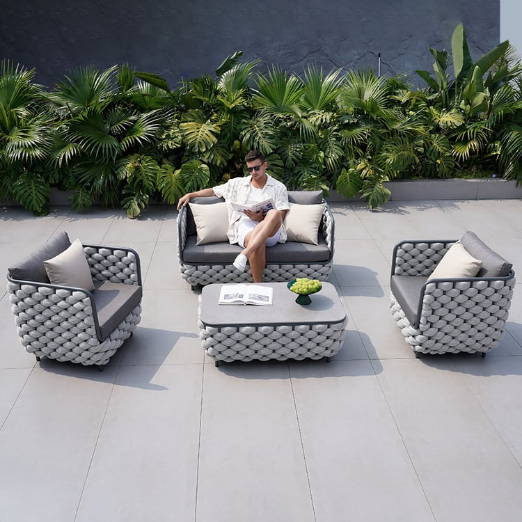 Martic 4Pcs Aluminum Rope Outdoor Sofa Set with Faux Marble Coffee Table Cushion Pillow