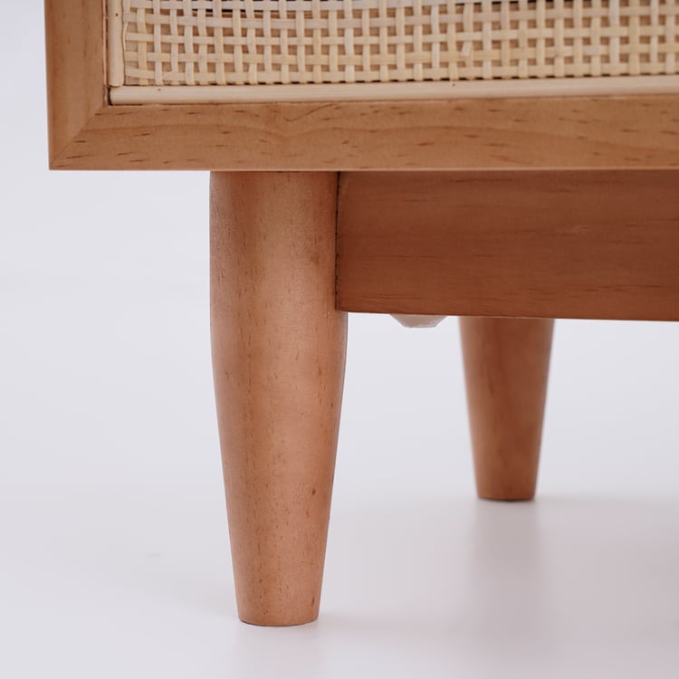 Japandi Nightstand 1-Shelf Wooden Bedside Table with Rattan Woven