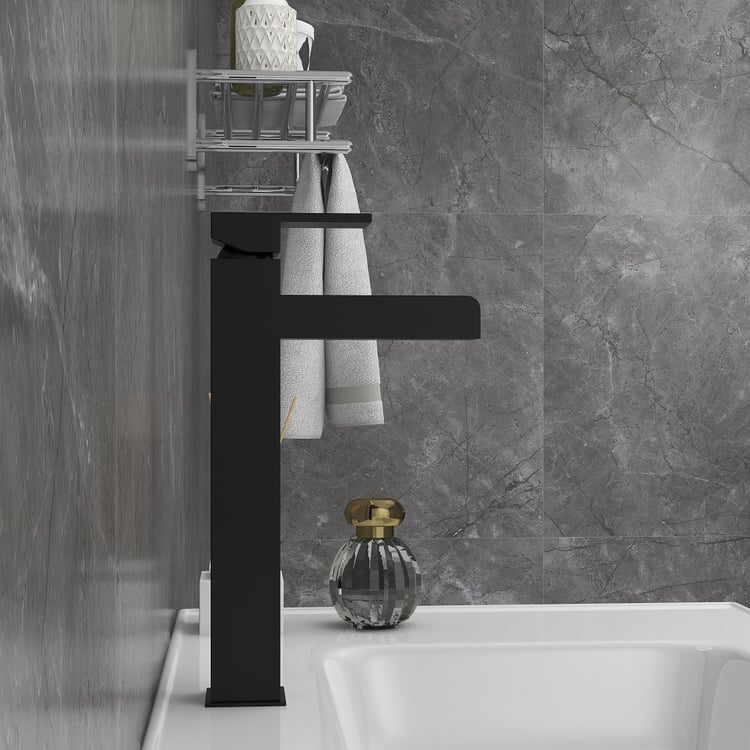 Black Bathroom Faucet GGStudy Waterfall Single Handle One Hole Farmhouse Bathroom Vessel Sink Faucet Matching Pop Up Drain
