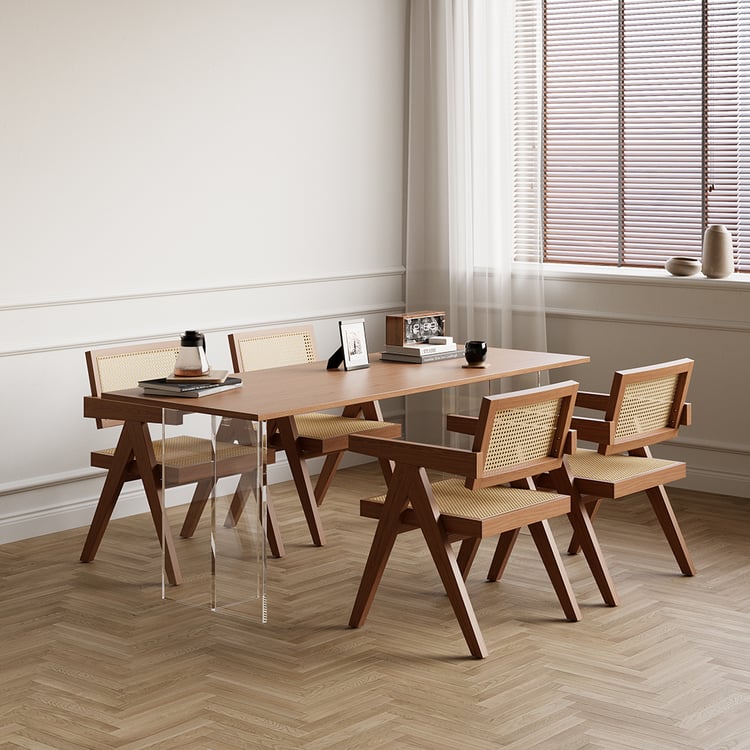 Japandi Wooden Dining Chair with Rattan Accent | homary