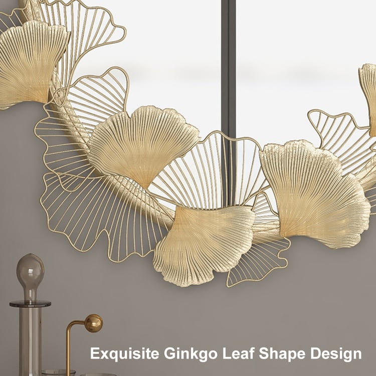 860mm Glam Oval Wall Mirror Hollow-out Ginkgo Leaves in Gold