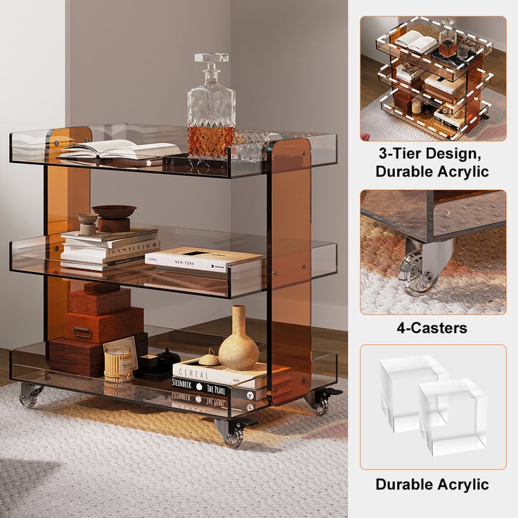 Amber Acrylic 3-Tier Bar Cart, Coffee Bar Cart with Wheels | homary