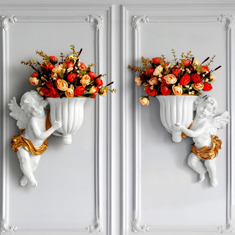2-teiliges Engel-Wanddekor-Set aus Kunstharz mit Vase zum Aufhängen von Cupid-Skulptur für den Garten｜Homary DE