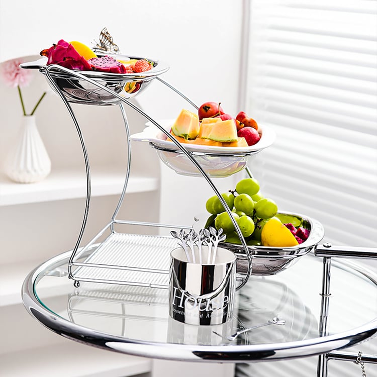 3 Tiered White & Silver Fruit Basket Decor Ceramic Snack Tray with