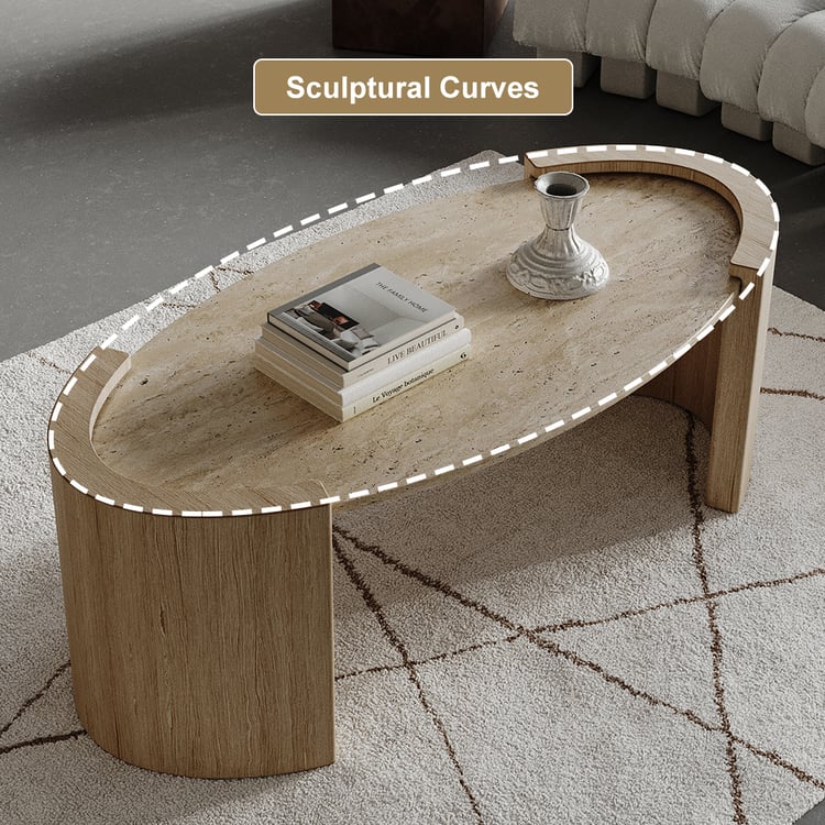 急須とドーナツのハーフ／オブジェ Japandi Travertine Coffee Table with Oval Beige Stone Top