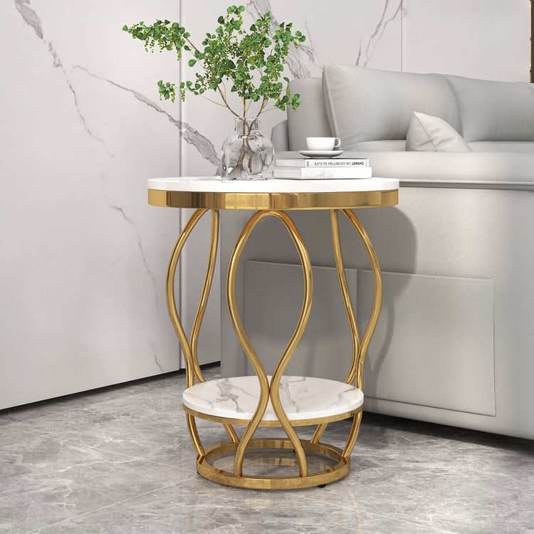 White Round Side Table with Storage Marble Top Metal Frame