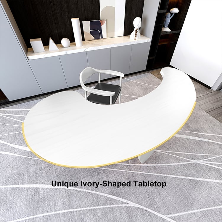 Modern curved white wood executive desk, 140 cm straight desk with