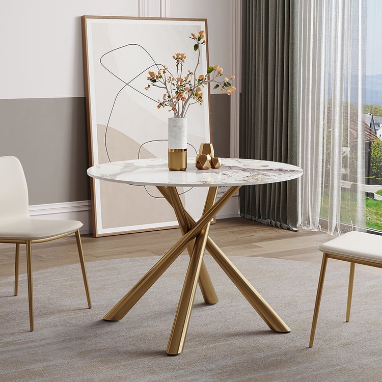 1000mm Modern Stone Top Round Dining Table in Pandora & Gold with ...