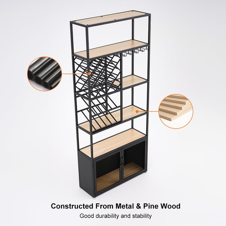 Giantex Armoire De Bar U00e0 Vin, Armoire U00e0 Liqueur Industrielle Avec Support En Verre Casier A Vin Amovible Maille Metallique 2 Portes Petit Buffet Table A Vin Pour Cuisine Et Salon Marron Rustique Et Noir