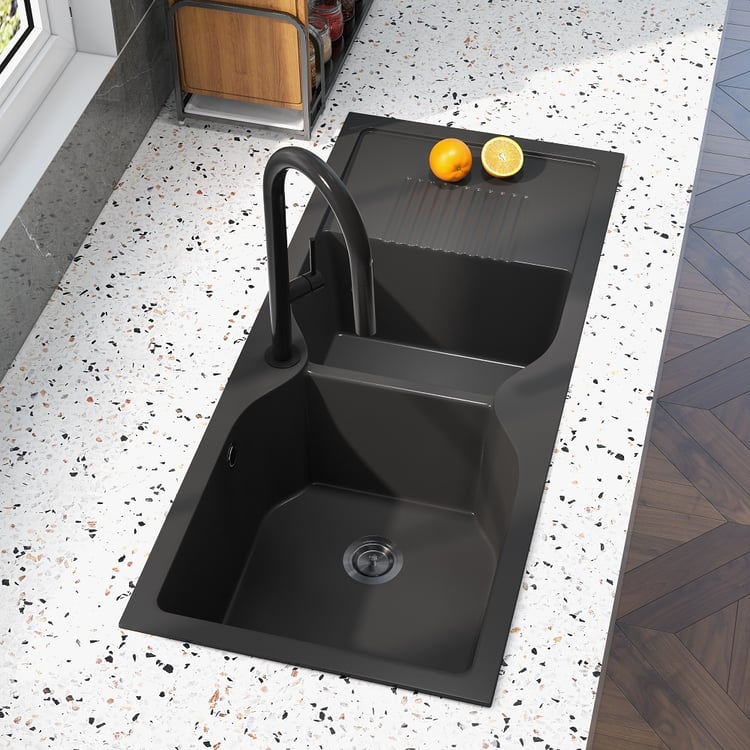 くろまめ 1140mm Black Quartz Kitchen Sink Double Bowl Drop-In Sink