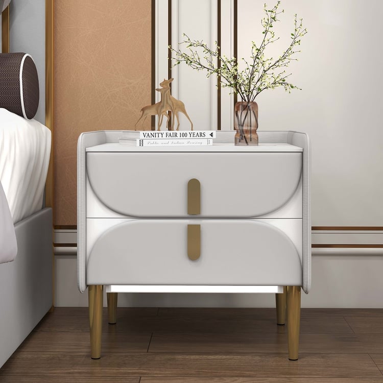 Luxury Grey Bedside Table Stone Top Microfiber Leather