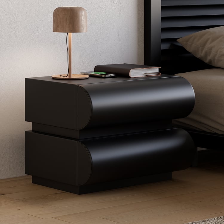 Humply Modern Black Leather Smart Nightstand with Wireless Charger Drawers Set of 2