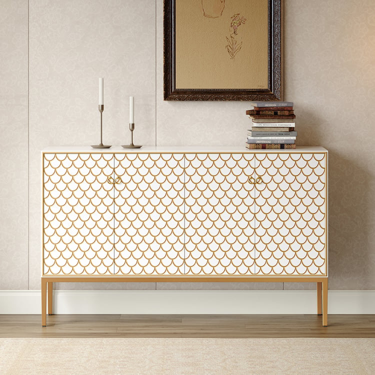 Modernes, weißes Sideboard-Buffet mit Schrankwaage, gemustert, mit Türen und Regalen, groß｜Homary DE