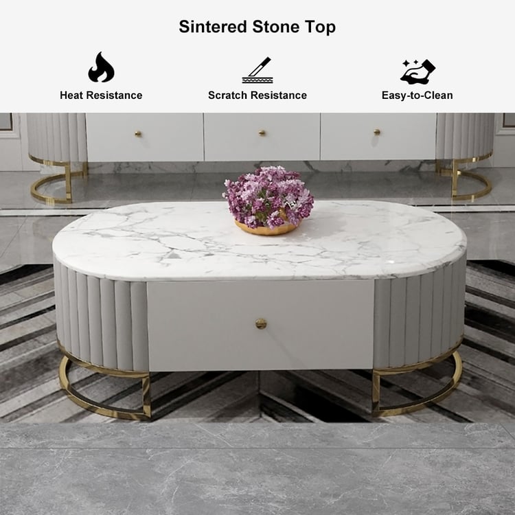 Zexture Modern White Sintered Stone Coffee Table & TV Stand Set