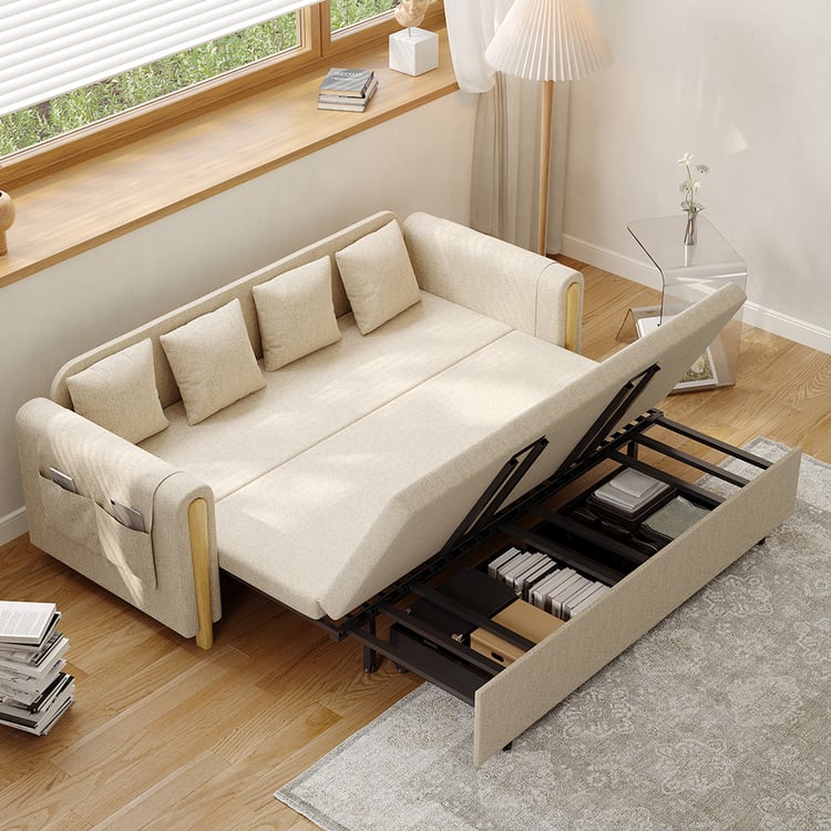 2080 mm großes, beiges Schlafsofa, gepolstert, umwandelbar, mit Stauraum｜Homary DE