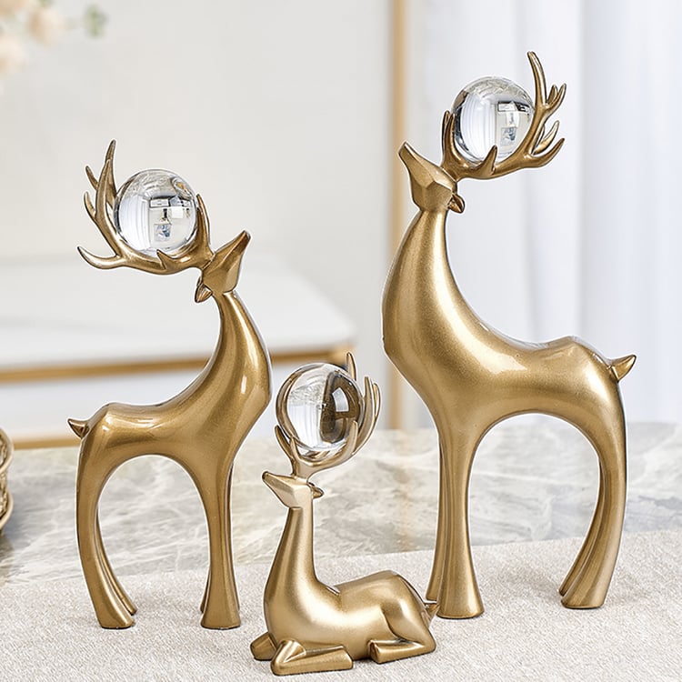 みるきー特大パネル 3 Pieces Gold Resin Reindeer Sculpture Chrismas Deer Decor
