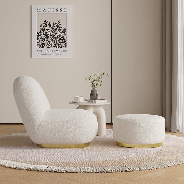 Off-White Boucle Floor Sofa Lounge Chair with Ottomans Soft
