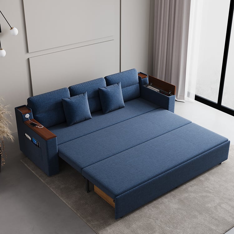 Divano letto estraibile in lino blu con contenitore, materasso e
