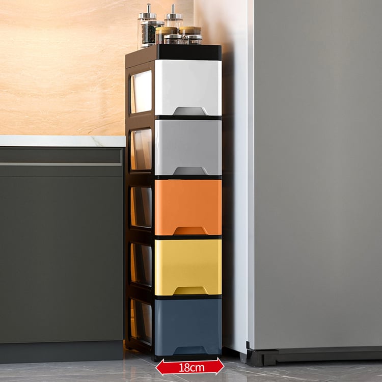 Schmaler Schrank mit 5 Etagen, mehrfarbig, weiß, schmal, mit Rädern und Schubladen, für Badezimmer｜Homary DE