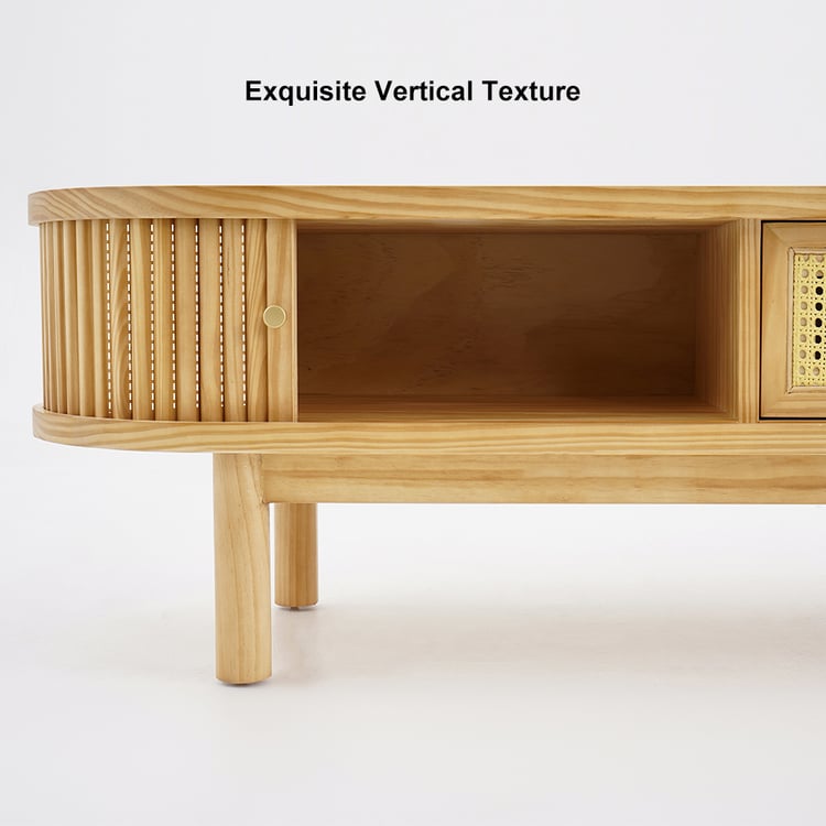 Japandi Oval Pine Wood Rattan TV Stand in Natural with Storage