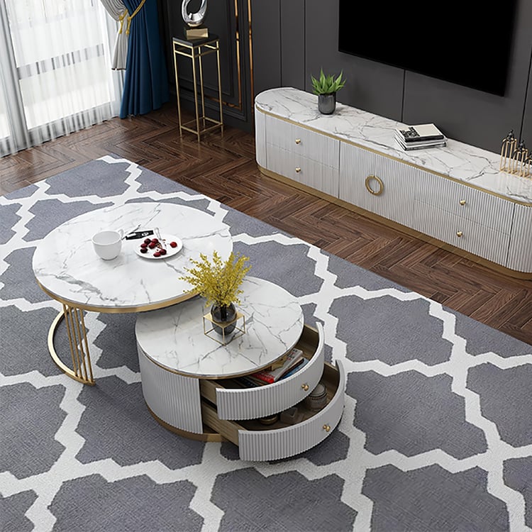 Modern 2 Pieces White Round Nesting Wooden Coffee Table with
