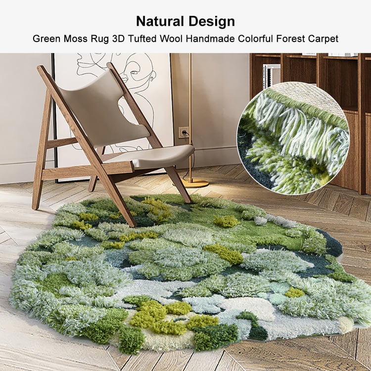 800mm Green Moss Rug 3D Tufted Wool Handmade Colorful Forest