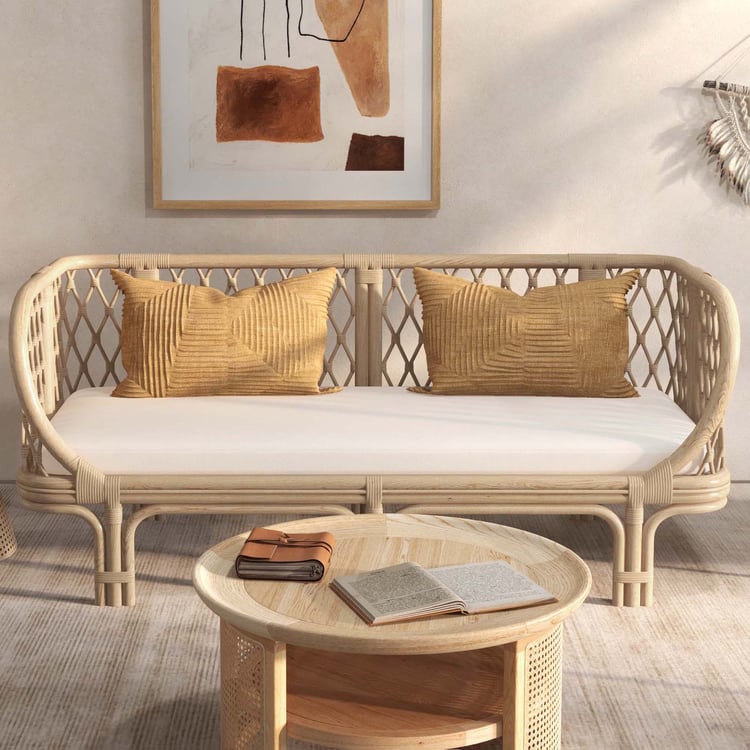 Baumwolle & Leinen Gepolstertes Sofa mit Rattan-Rahmen, Natur-Sofa, groß｜Homary DE