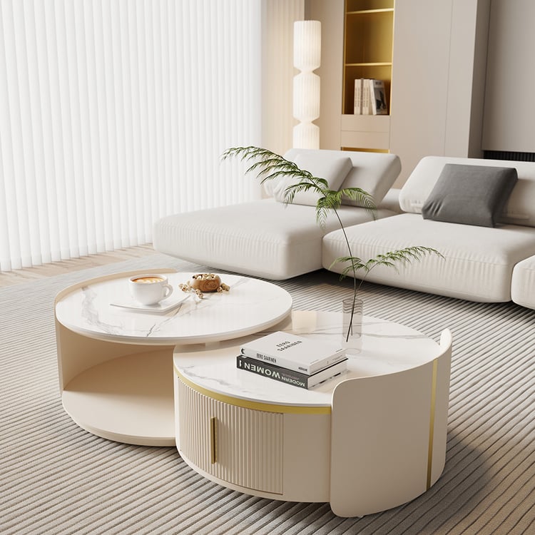 Round Modern Sintered Stone Top Nesting Coffee Table Fluted with Drawer in Off White Homary DE