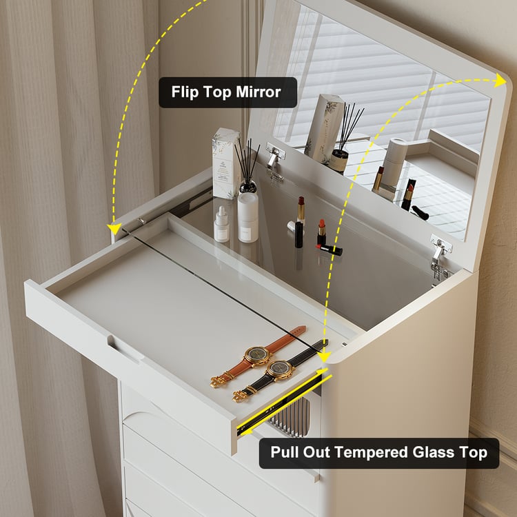Modern Tall White Narrow Dresser with Flip Top Mirror & Drawers & Jewelry  StorageHomary