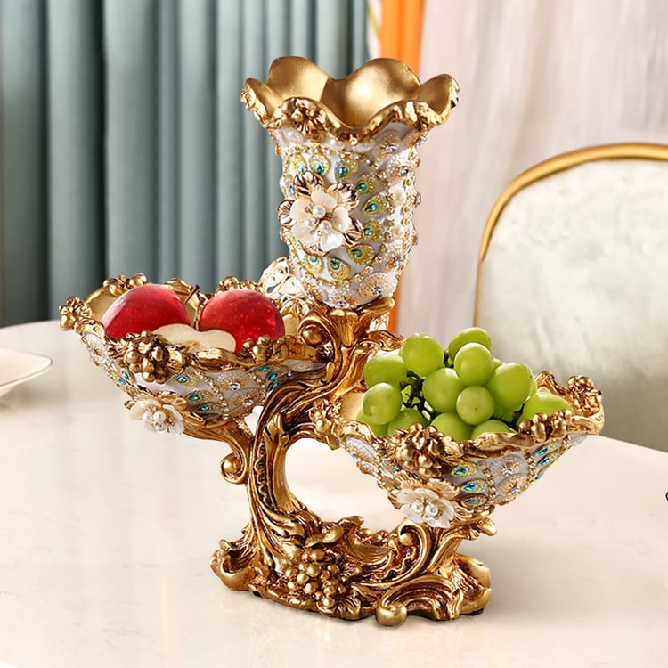 漆器 膳 5枚セット 金色風景画　(Footed dining tray) Shinely 2 Tiered Gold & White Fruit Basket Plate with Vase Resin