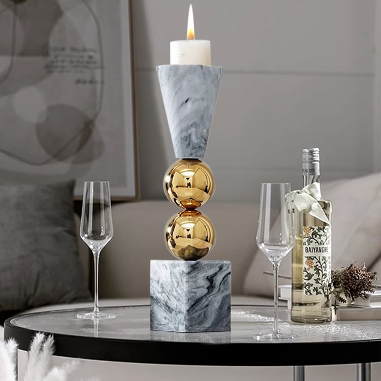 Grey Marble Candle Holder Gold Ball Pillar Candlestick Decor｜Homary