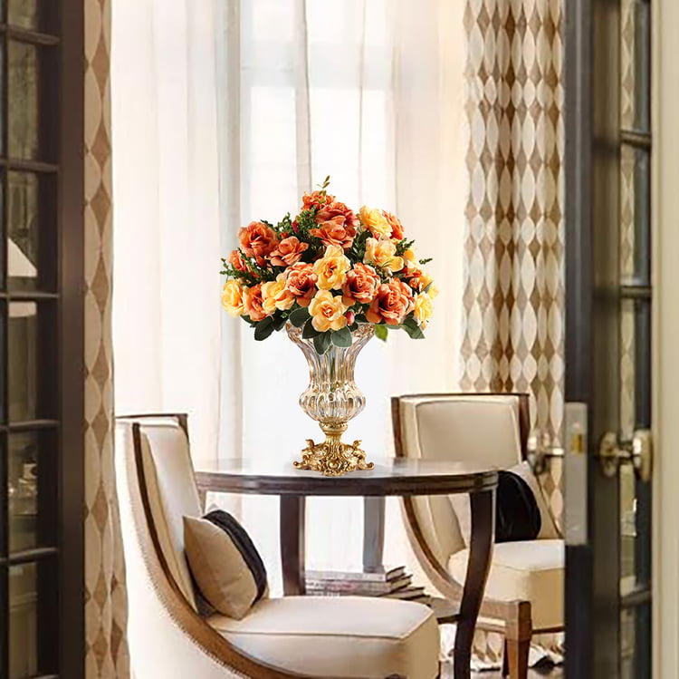 Retro European Style Golden Crystal Glass Carved Vase Artificial Flowers in Vase Set｜Homary