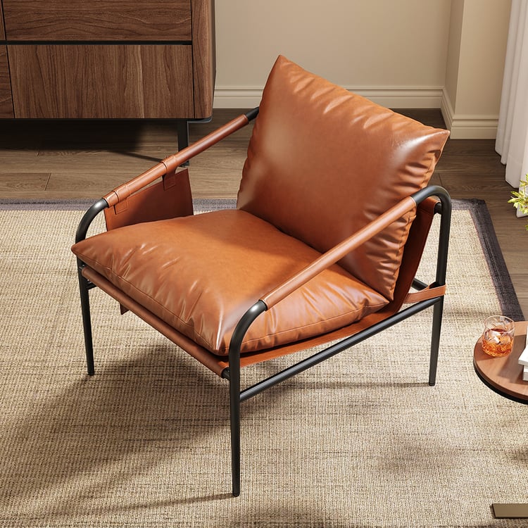 Poltrona Mid-Century In Pelle PU Marrone – Sedia Da Salotto Con Gambe In Metallo Nero, Imbottita, Portata 136 Kg, Dimensioni 60x75x90 Cm