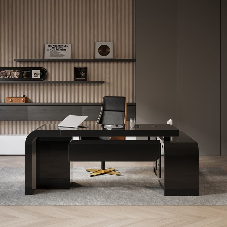 Bureau exécutif moderne en forme de L noir Chicent avec un grand espace de rangement pour la main gauche (1800 mm)