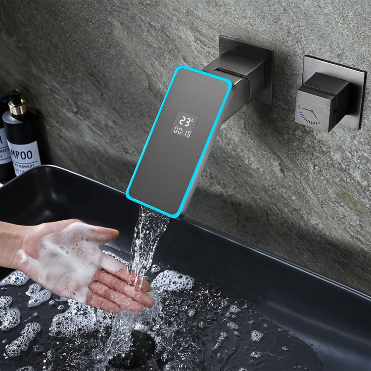 Led Digital Temperature Display Bathroom Rotating Faucet in Dark